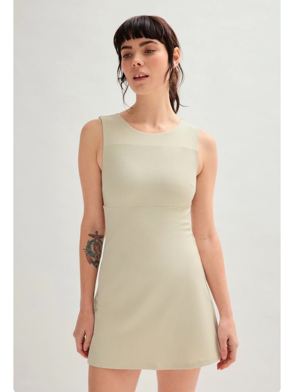 Sleeveless Ribbed A-Line Mini Dress in Light Beige